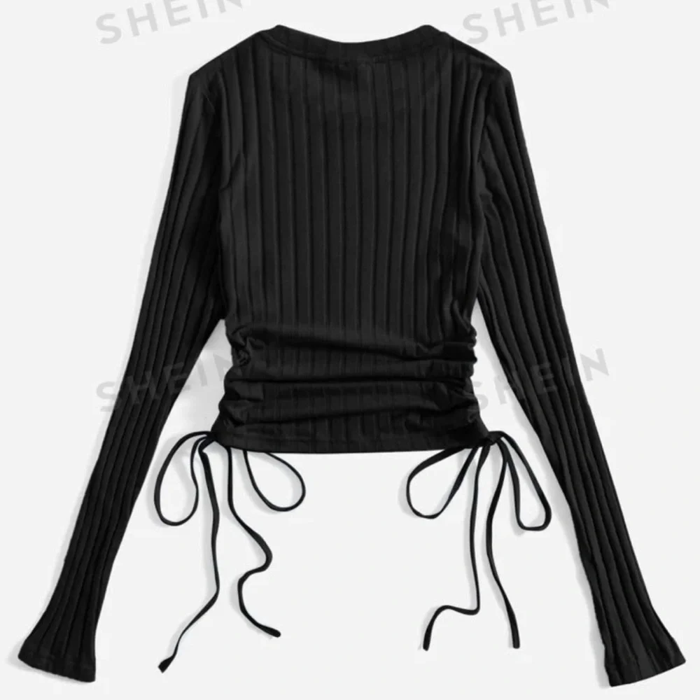 EZwear Drawstring Side Ruched Ribbed Knit Tee - Picture 2 of 2